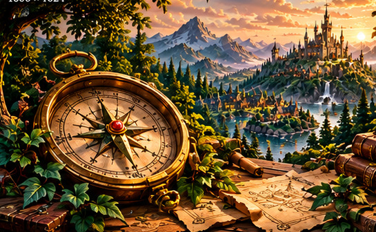 An enchanted compass overlooking a distant mountain homeland.